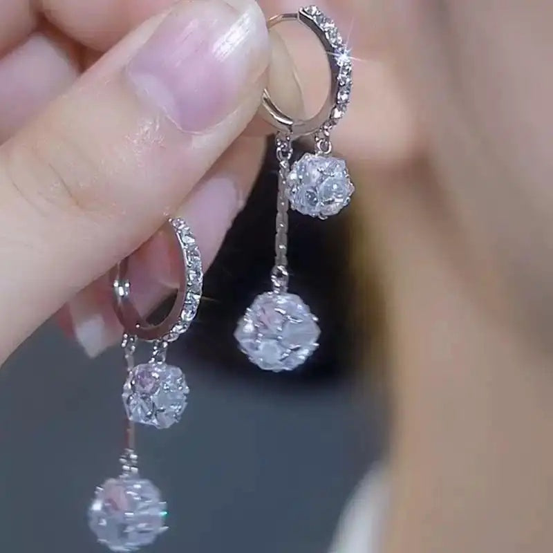 Silver Triple Crystal Ball Drop Earrings