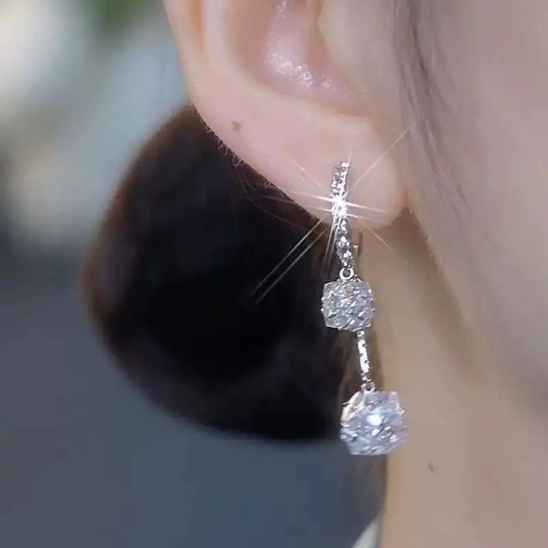 Silver Triple Crystal Ball Drop Earrings