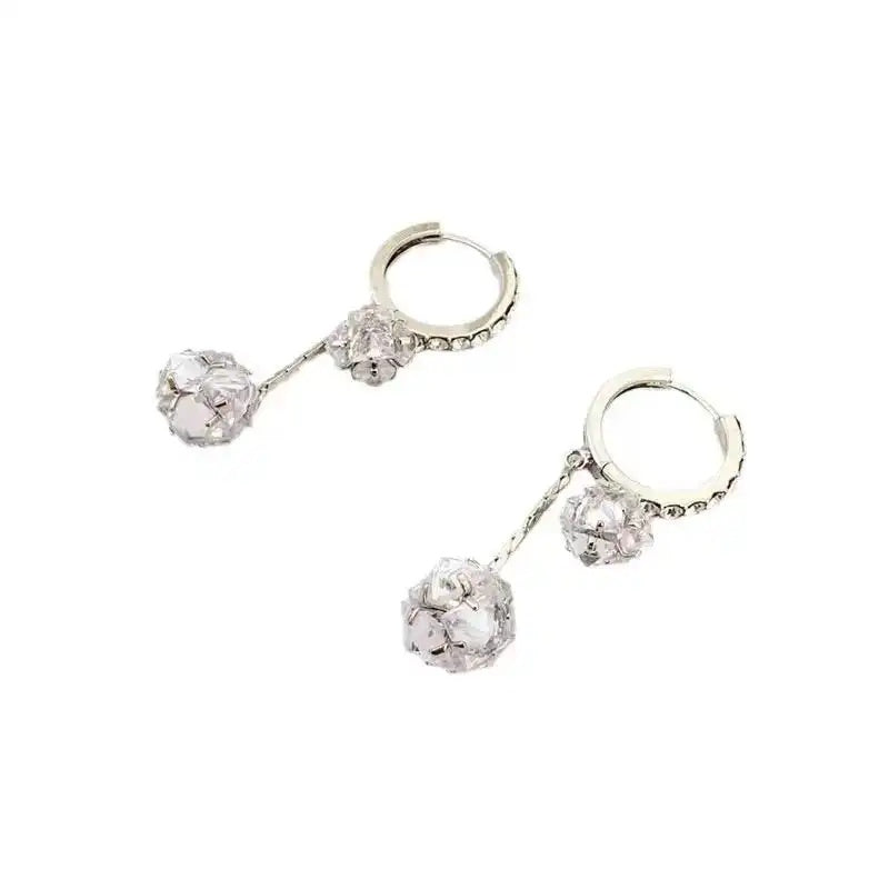 Silver Triple Crystal Ball Drop Earrings