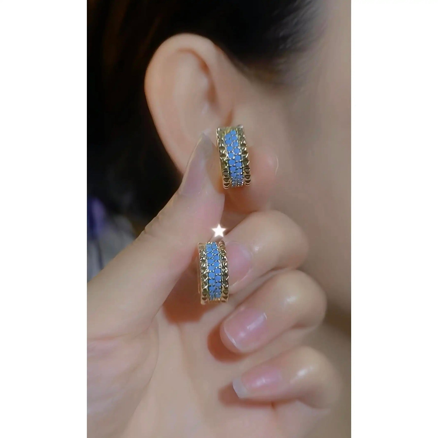 Slim Turquoise Crystal Huggie Earrings