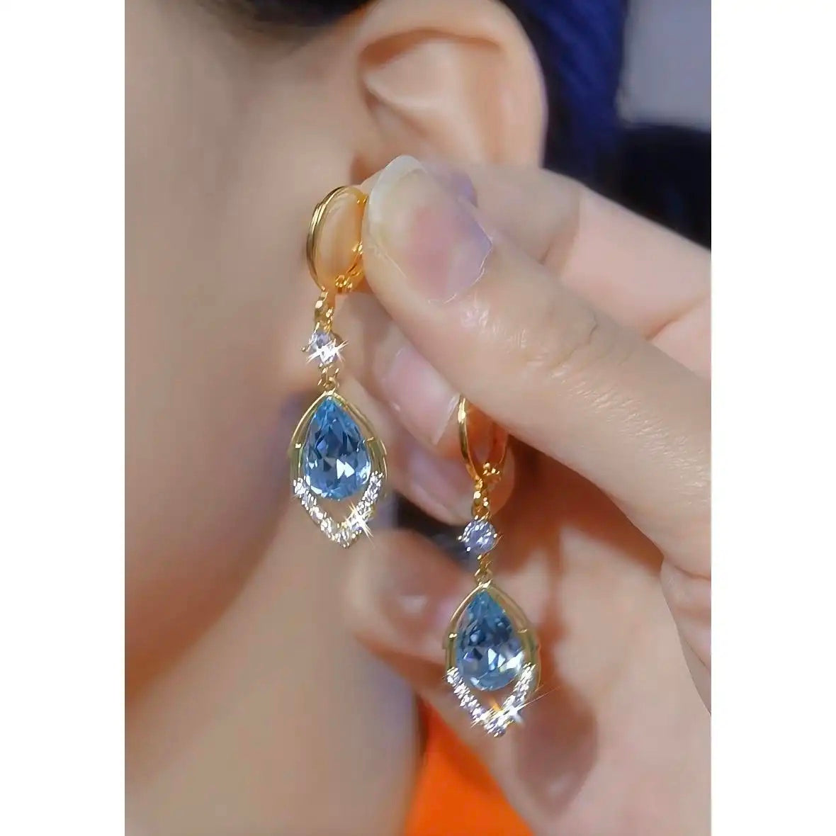 Small Blue Crystal Leaf Earrings