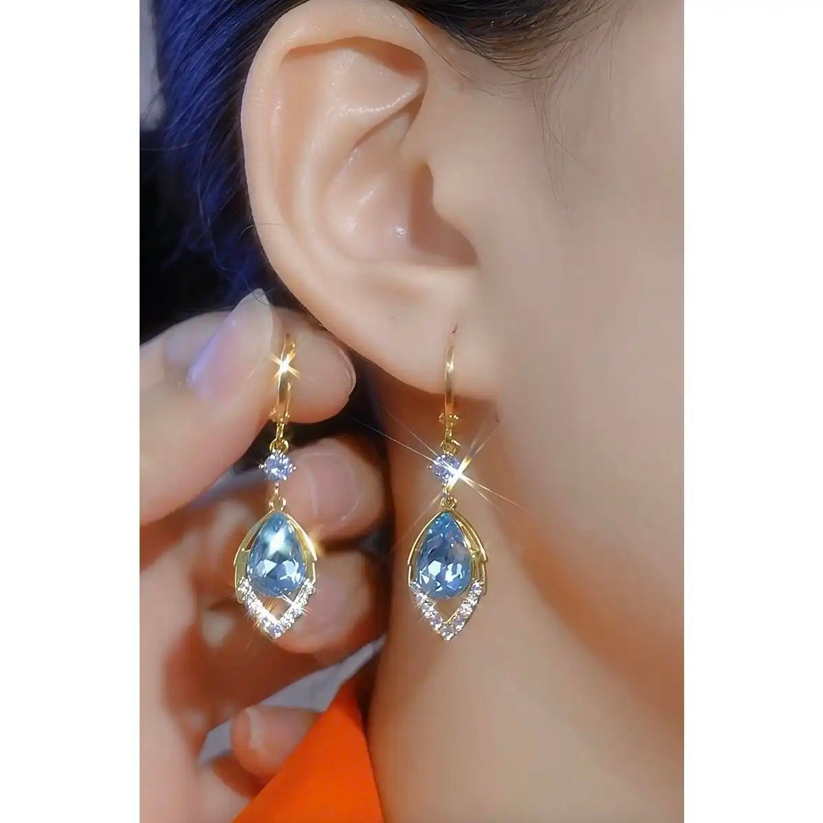 Small Blue Crystal Leaf Earrings