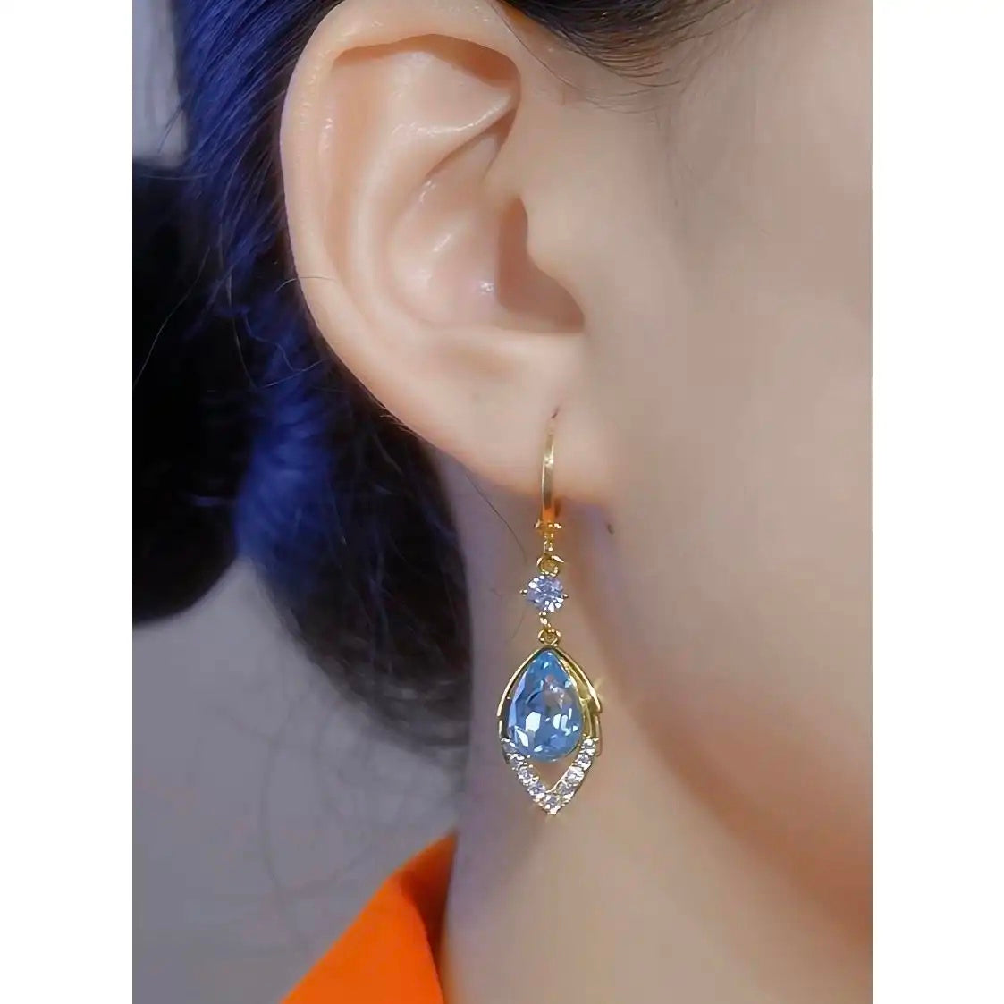 Small Blue Crystal Leaf Earrings