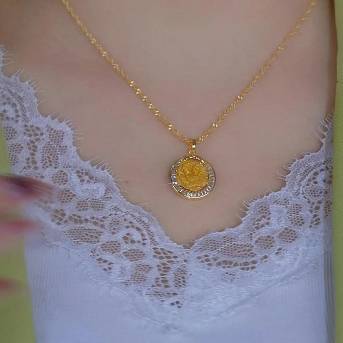 Small Gold Flower Coin Pendant Necklace