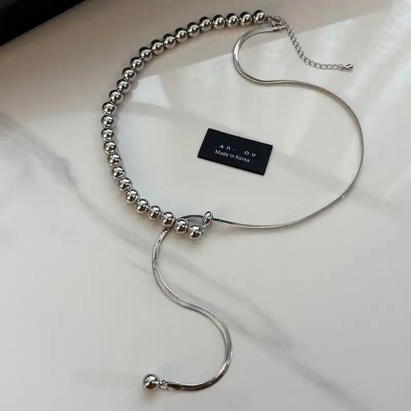 Small Steel Bead Pull-Adjustable Pendant Necklace