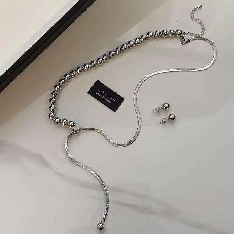 Small Steel Bead Pull-Adjustable Pendant Necklace
