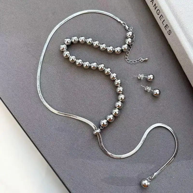 Small Steel Bead Pull-Adjustable Pendant Necklace