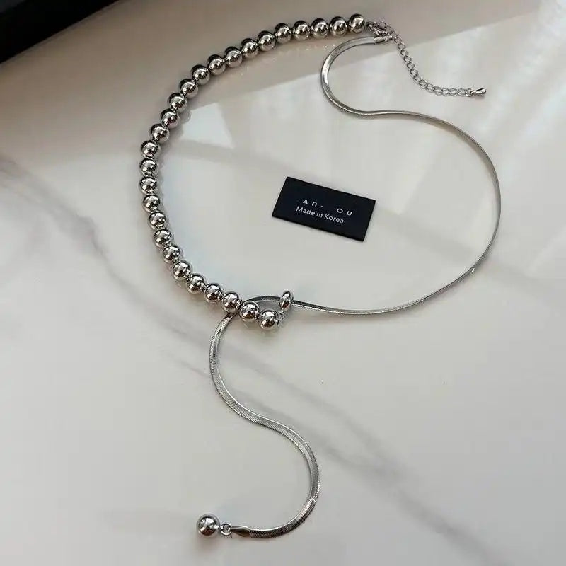 Small Steel Bead Pull-Adjustable Pendant Necklace