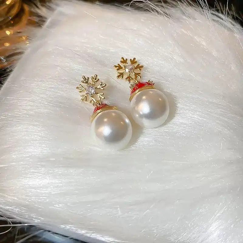 Snowflake Santa Hat Pearl Stud Earrings