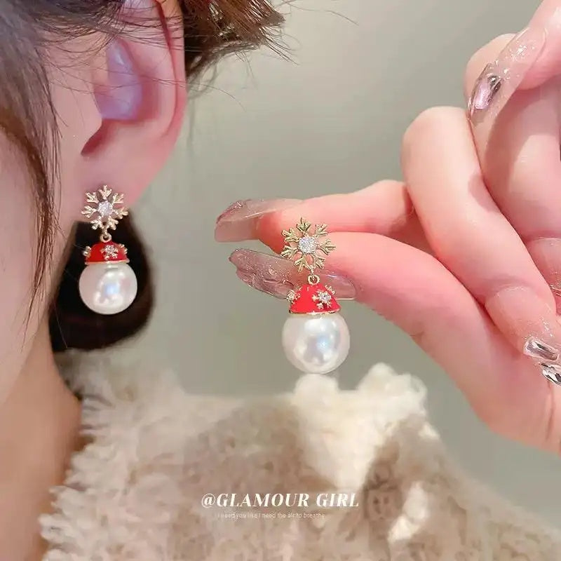 Snowflake Santa Hat Pearl Stud Earrings