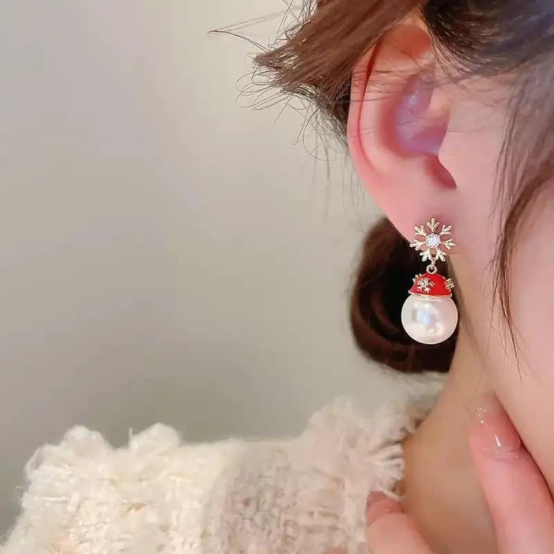 Snowflake Santa Hat Pearl Stud Earrings