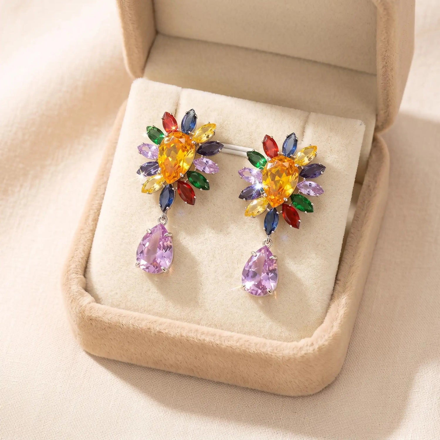 Sparkly Crystal Colorful Flower Drop Earrings