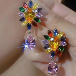 Sparkly Crystal Colorful Flower Drop Earrings