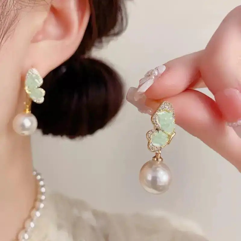 Spring Crystal Butterfly Pearl Earrings