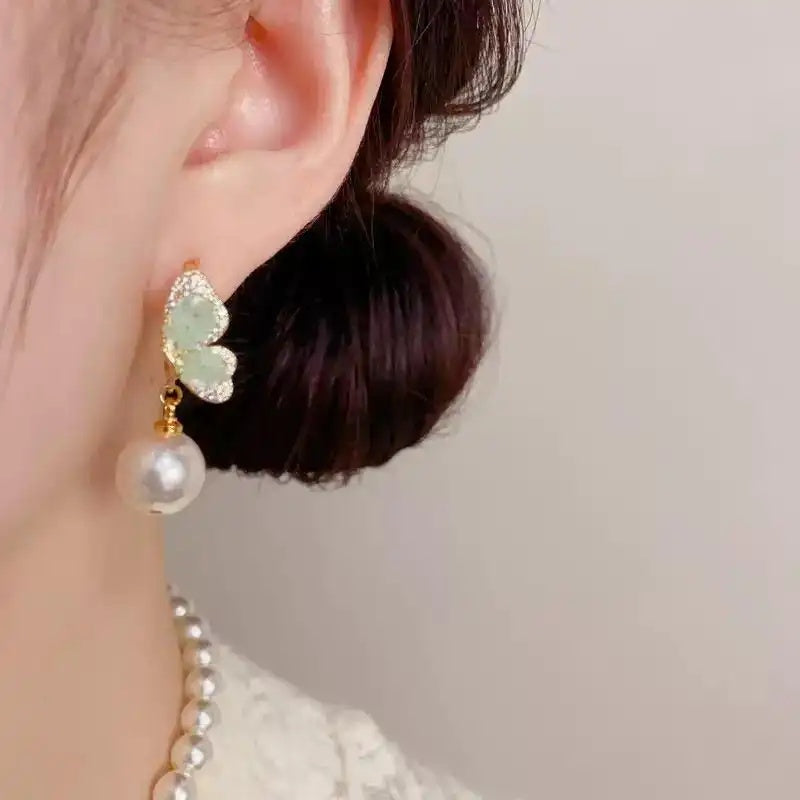 Spring Crystal Butterfly Pearl Earrings