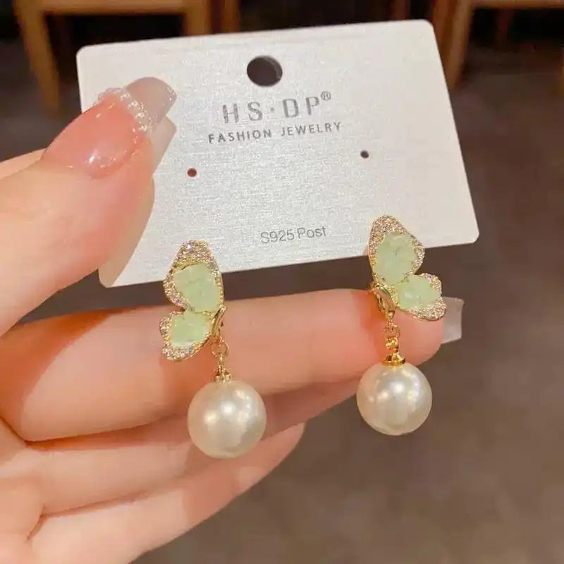 Spring Crystal Butterfly Pearl Earrings