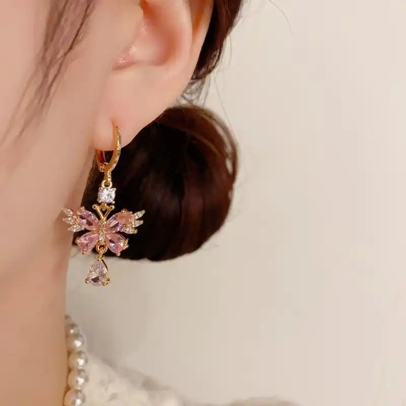 Spring Pink Butterfly Hanging Crystal Drop Earrings