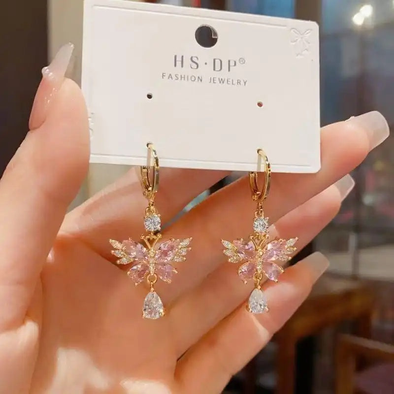 Spring Pink Butterfly Hanging Crystal Drop Earrings