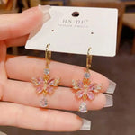 Spring Pink Butterfly Hanging Crystal Drop Earrings