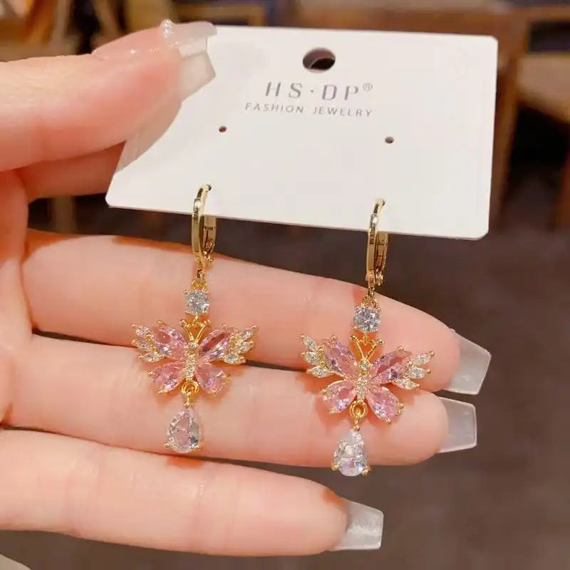 Spring Pink Butterfly Hanging Crystal Drop Earrings
