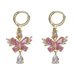 Spring Pink Butterfly Hanging Crystal Drop Earrings