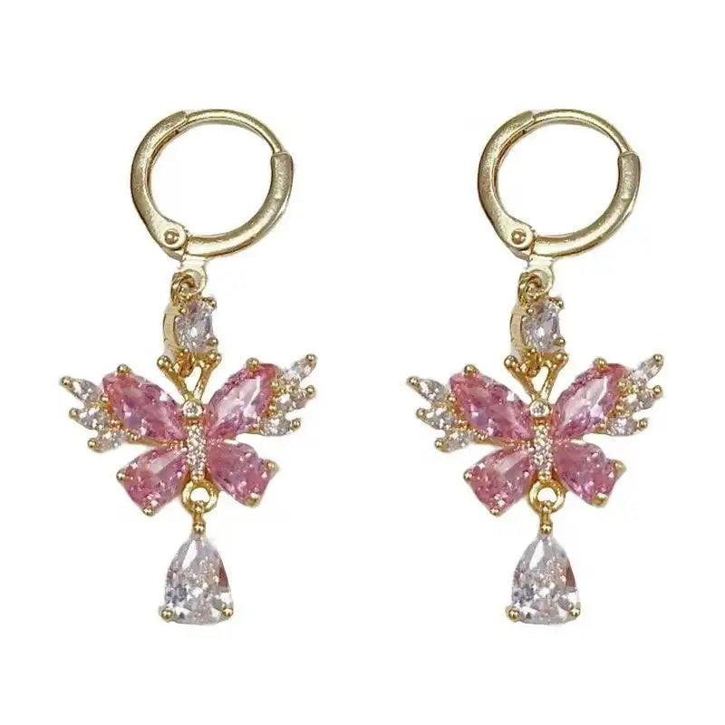 Spring Pink Butterfly Hanging Crystal Drop Earrings