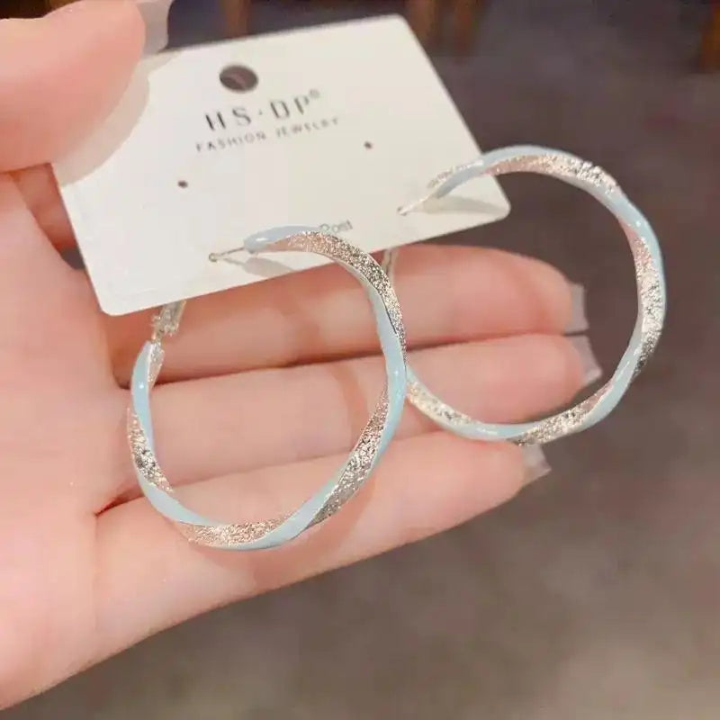 Spring Retro Thick Silver Enamel Hoop Earrings
