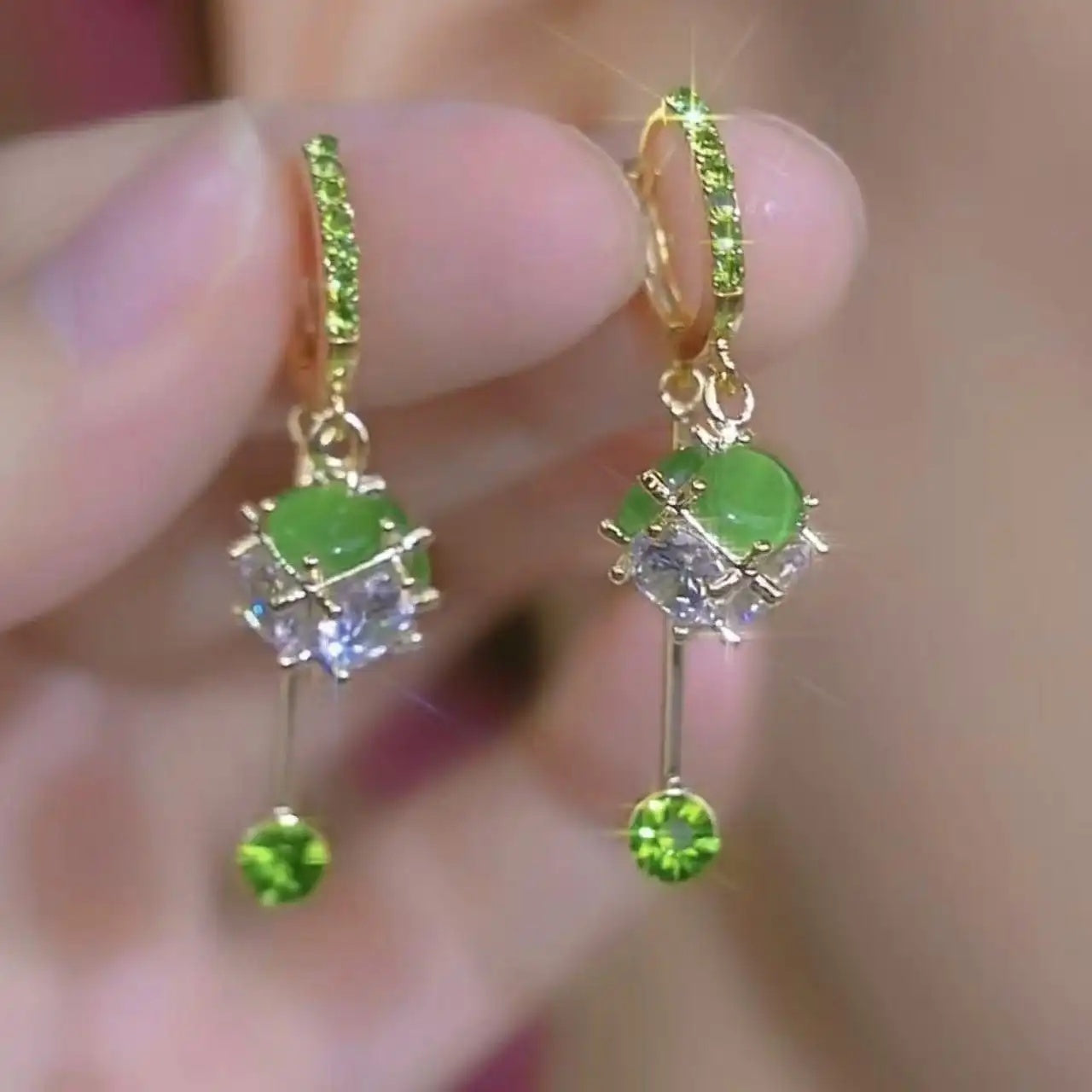 Spring Summer Green Crystal Ball Drop Earrings