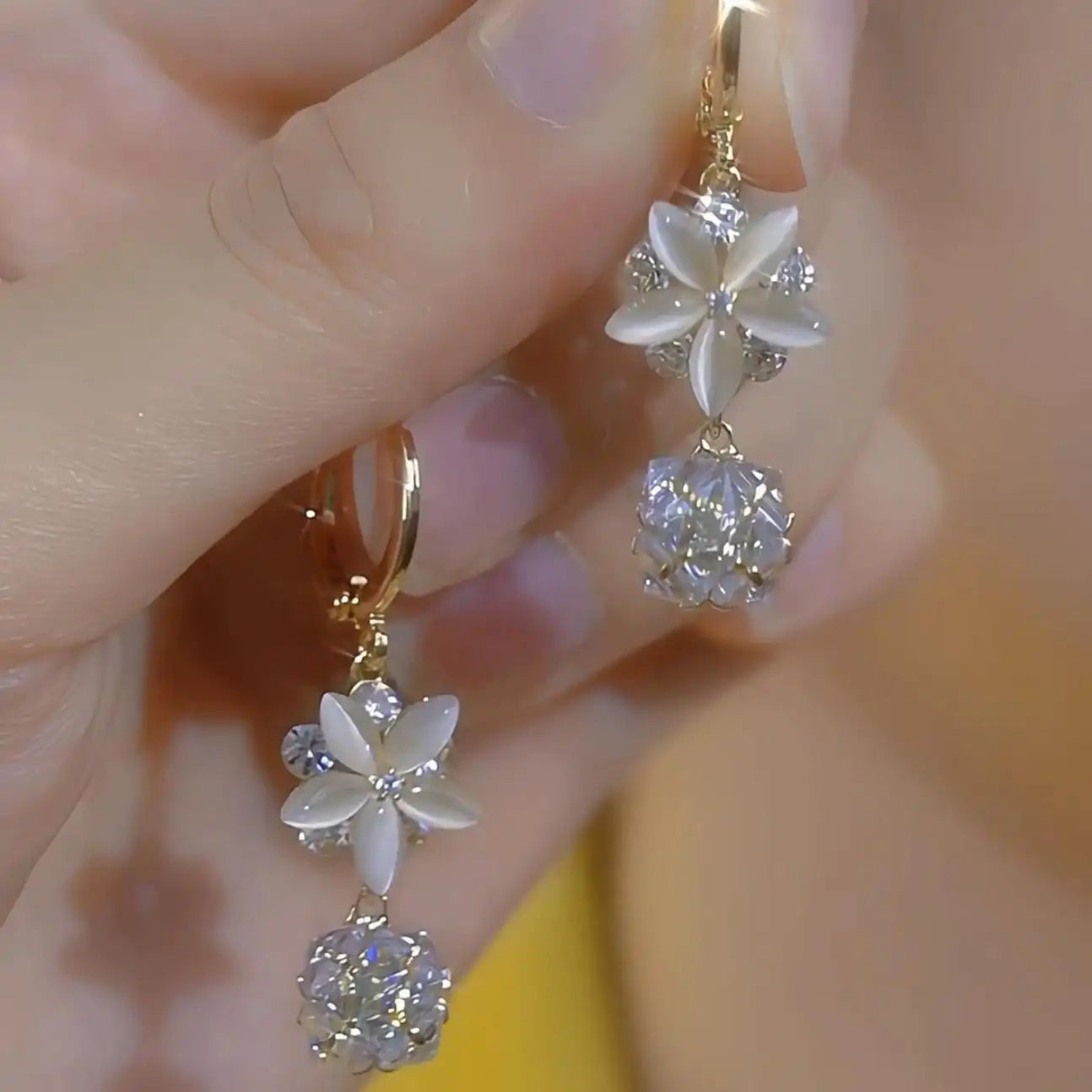Spring Summer Petal Diamond Bead Drop Earrings