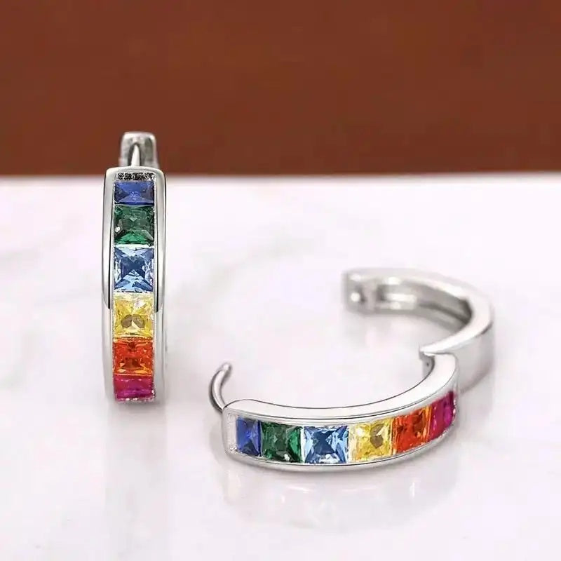 Square Shaped Colorful Crystal Clip-On Hoop Earrings