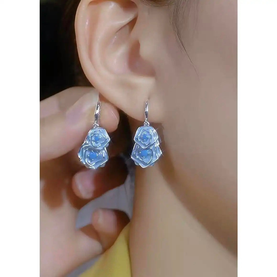 Stunning Exaggerated Blue Rose Mosquito Earrings