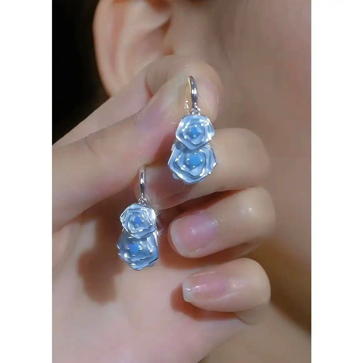 Stunning Exaggerated Blue Rose Mosquito Earrings