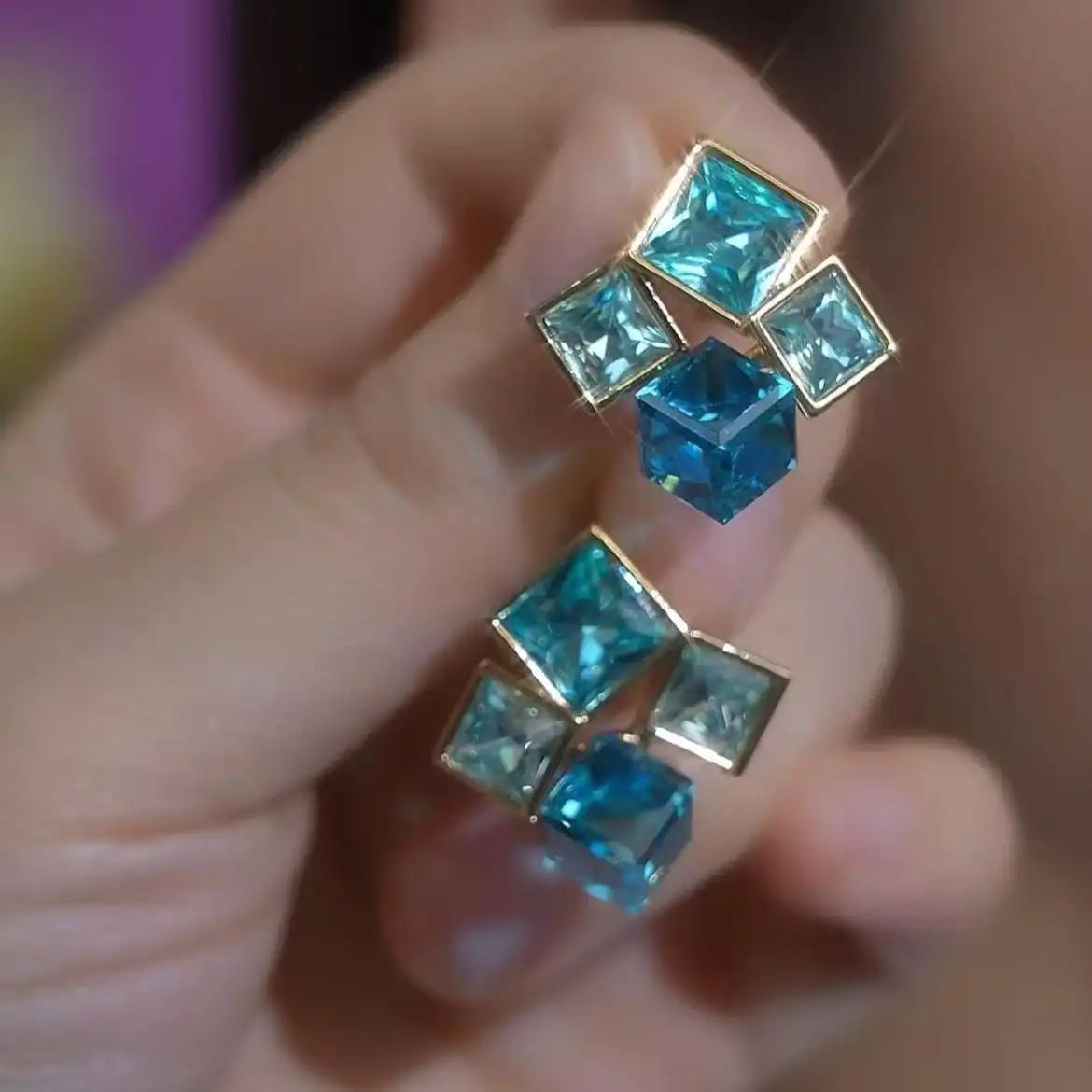 Stunning Sparkle Blue 3d Square Earrings