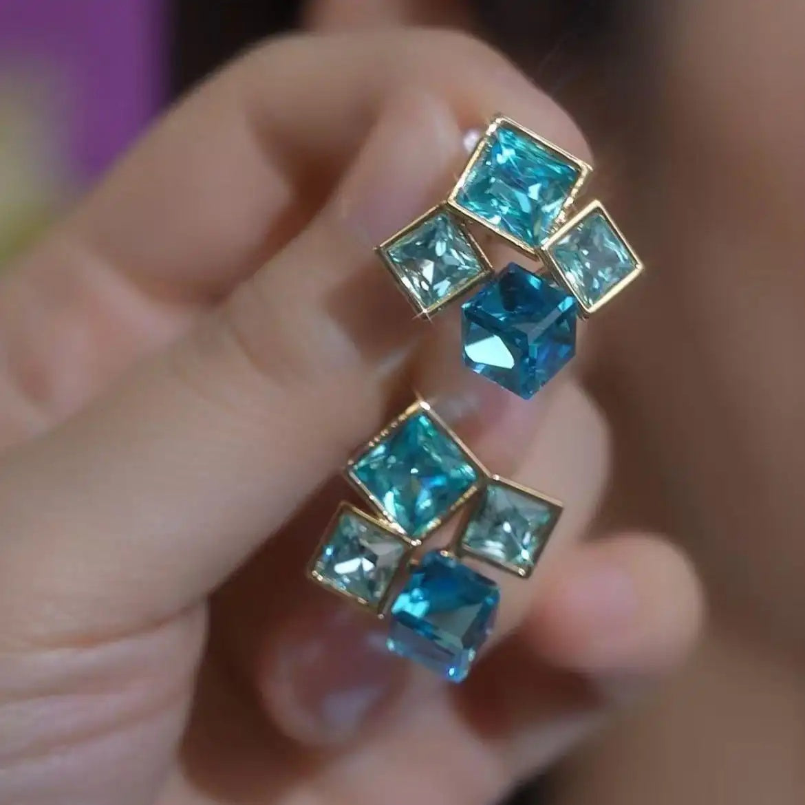Stunning Sparkle Blue 3d Square Earrings