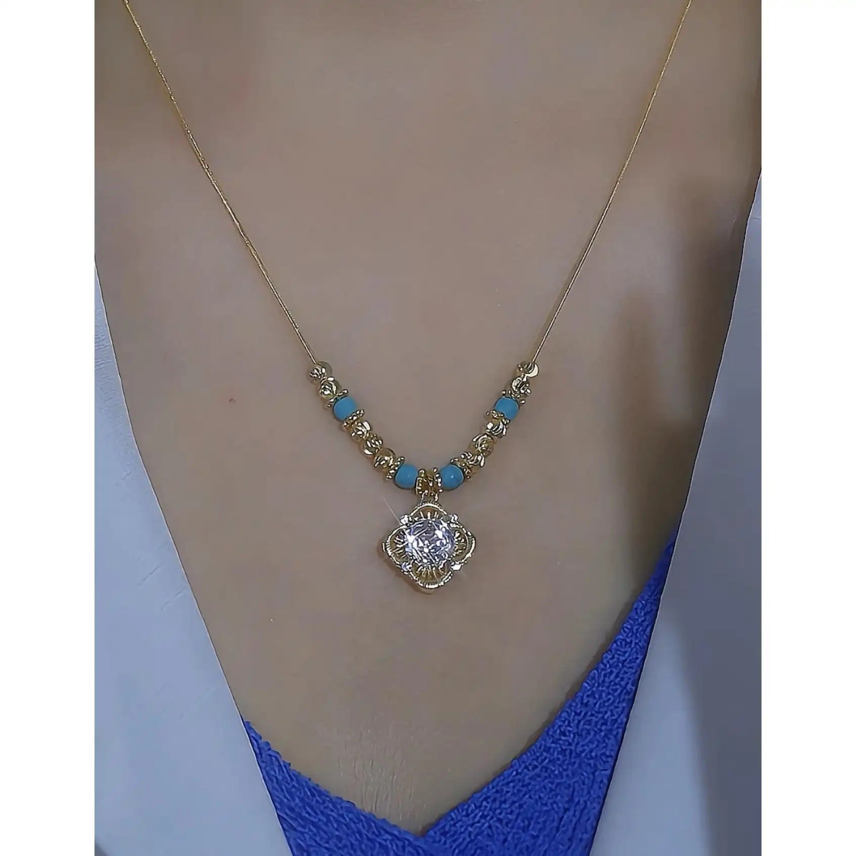 Summer Blue Diamond Collar Chain Pendant Necklace
