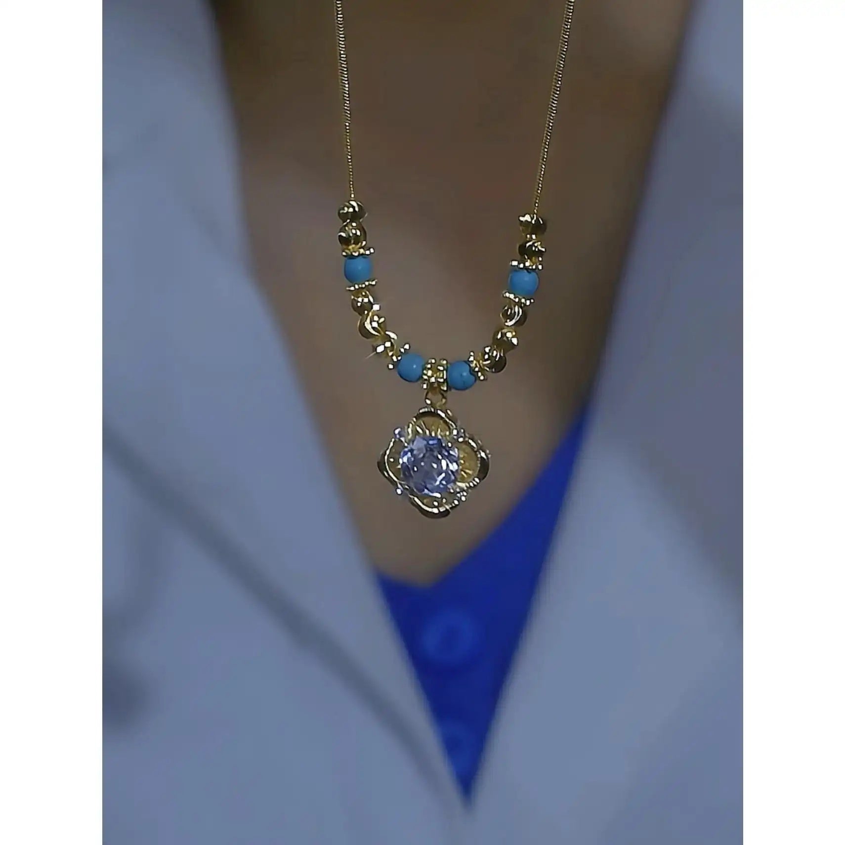 Summer Blue Diamond Collar Chain Pendant Necklace