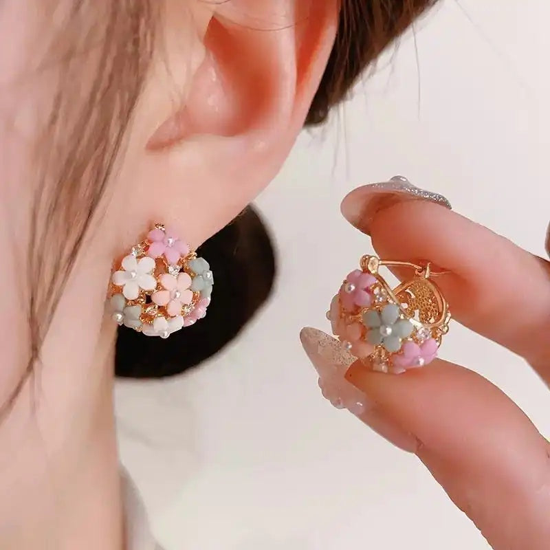 Summer Crystal Pearl Flower Basket Ear Cuffs