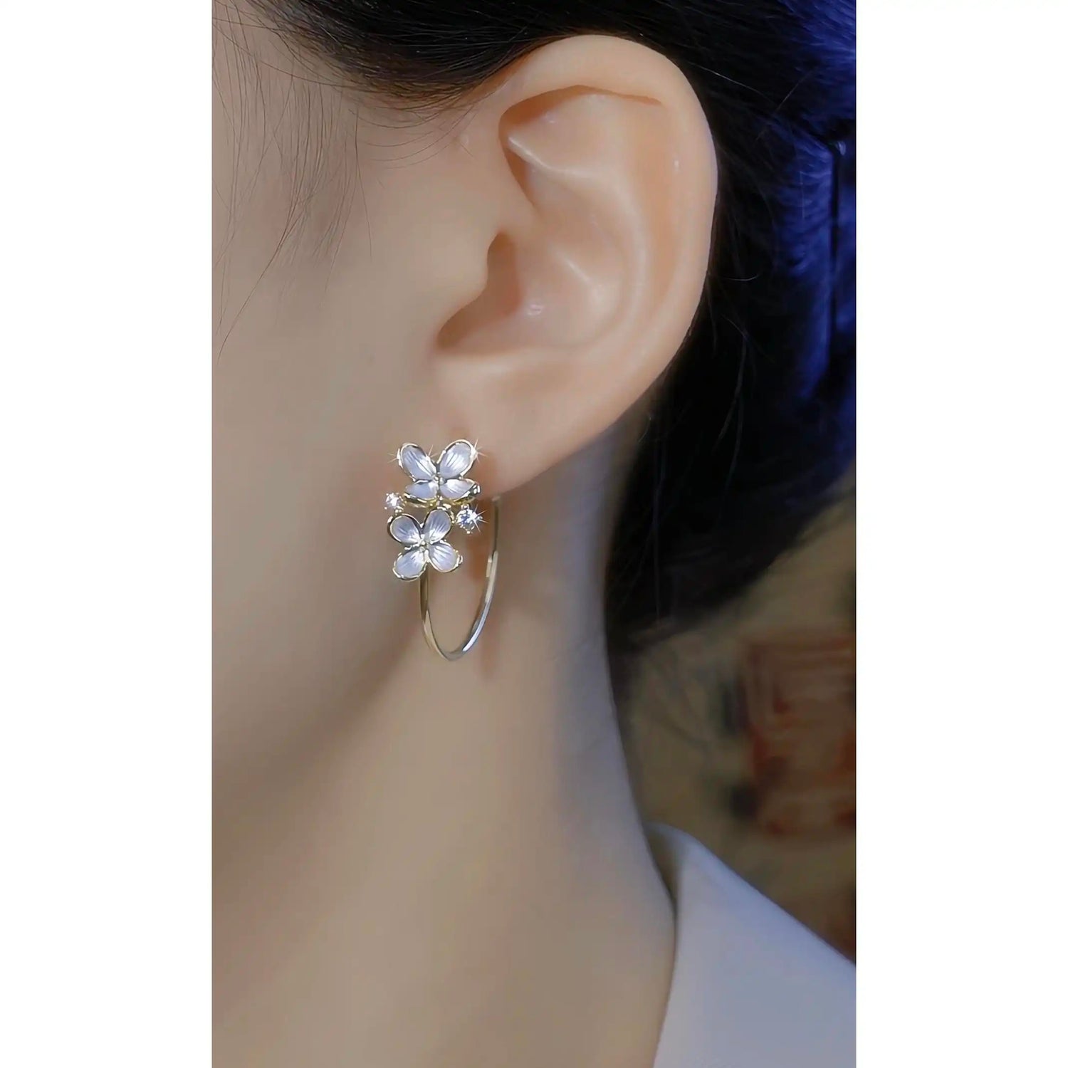 Summer Minimalist Crystal Double Petal Hoop Earrings