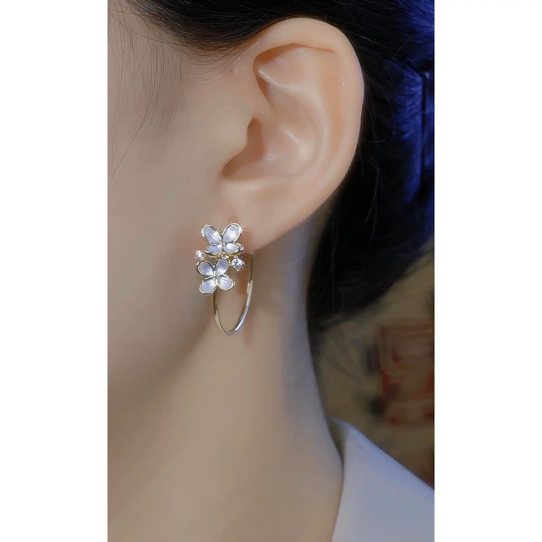 Summer Minimalist Crystal Double Petal Hoop Earrings