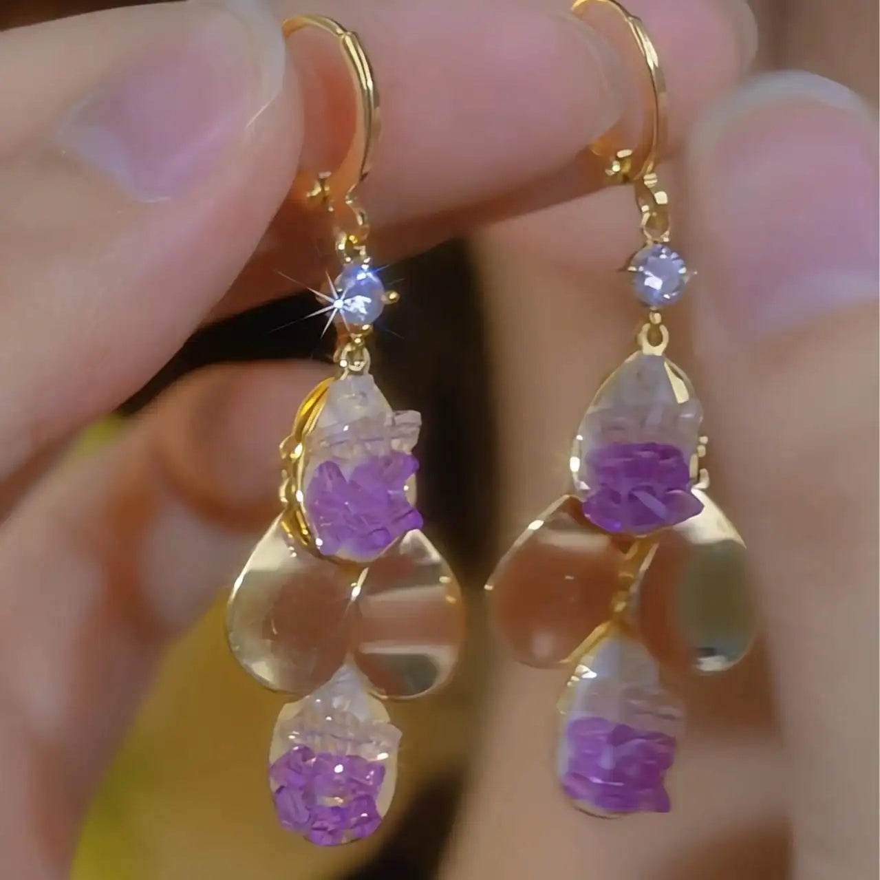 Summer Purple Crystal Petal Ear Cuffs