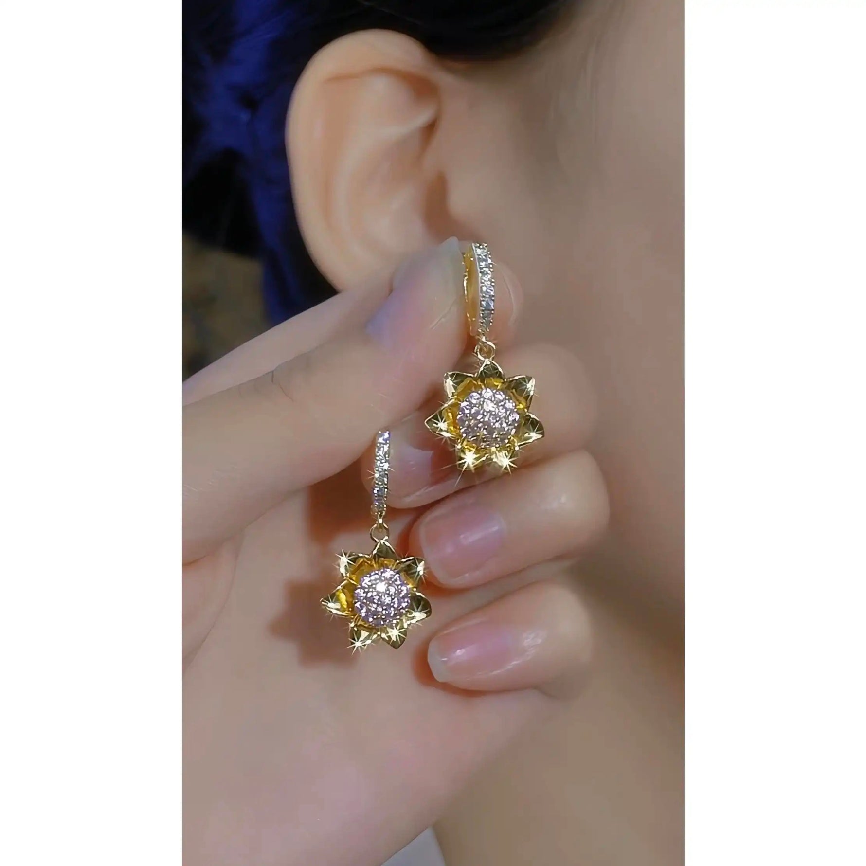 Sunflower Silver Floral Plant Stone Stud Earrings