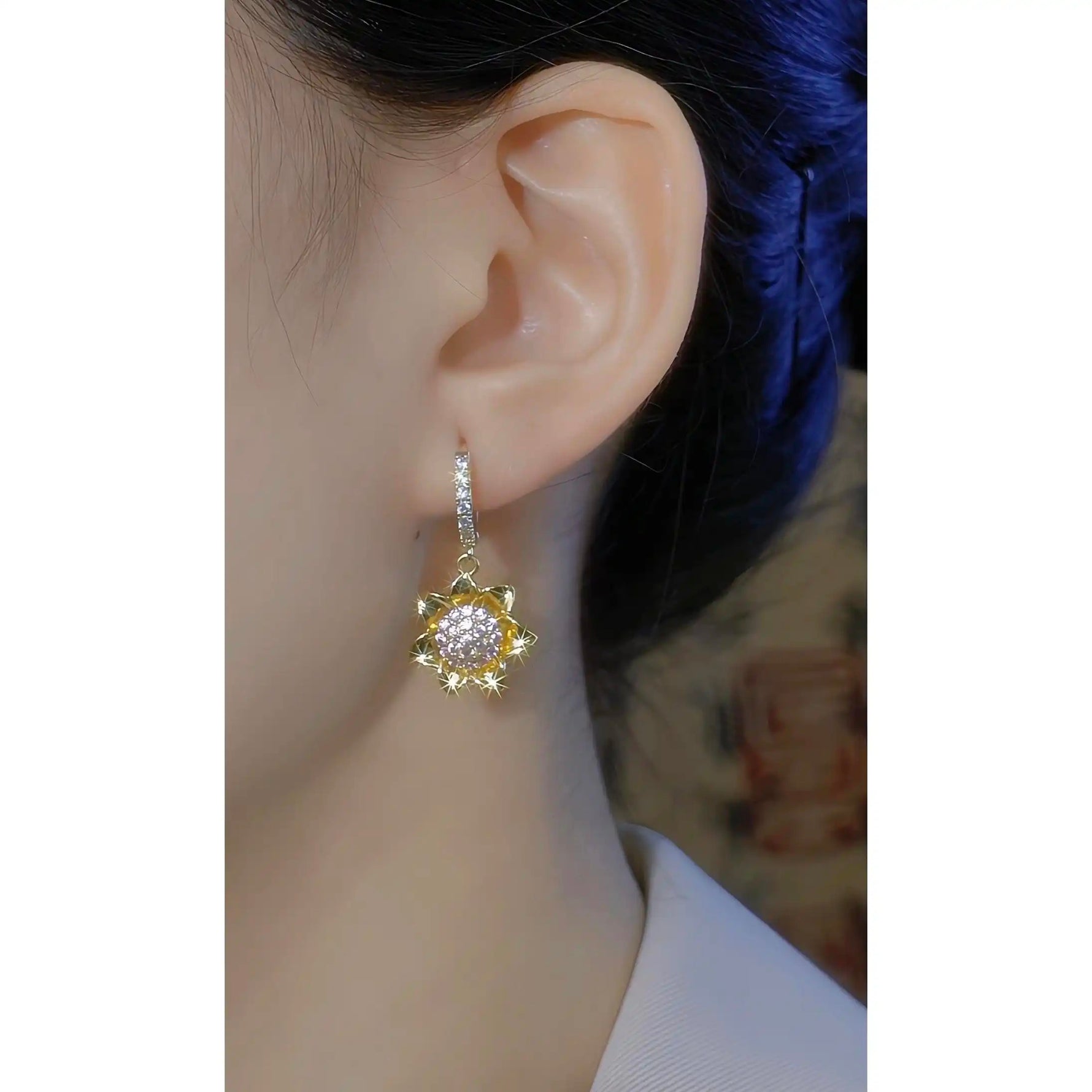 Sunflower Silver Floral Plant Stone Stud Earrings