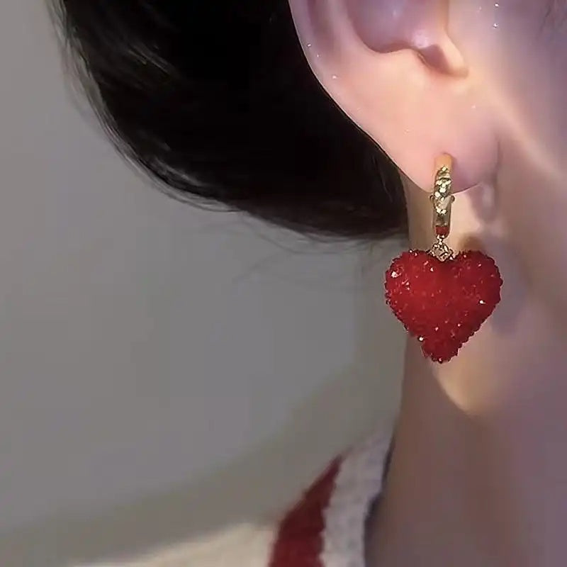 Synthetic Crystal Red 3d Heart Drop Earrings