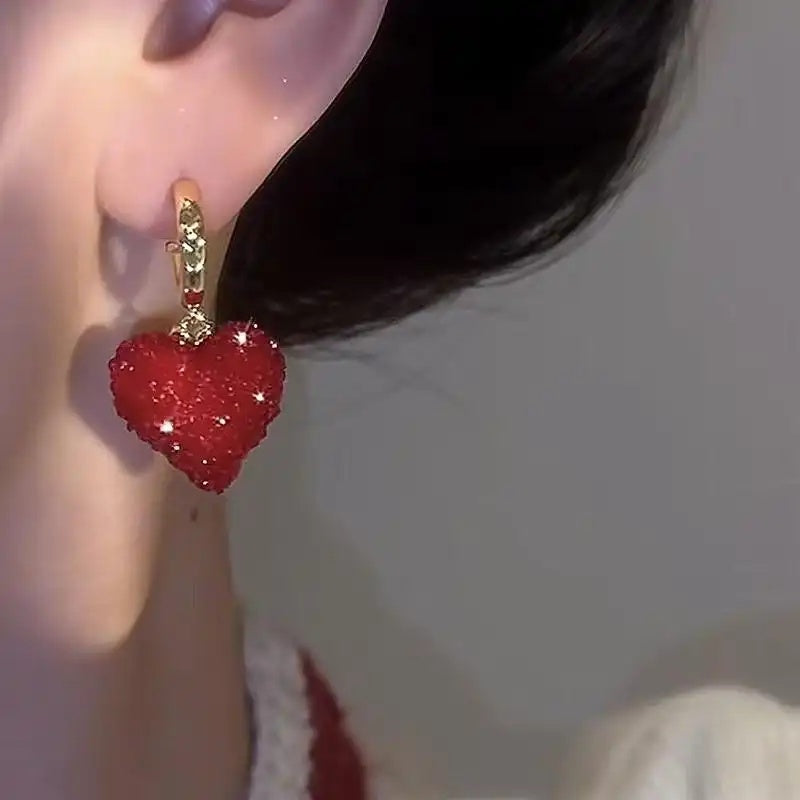 Synthetic Crystal Red 3d Heart Drop Earrings