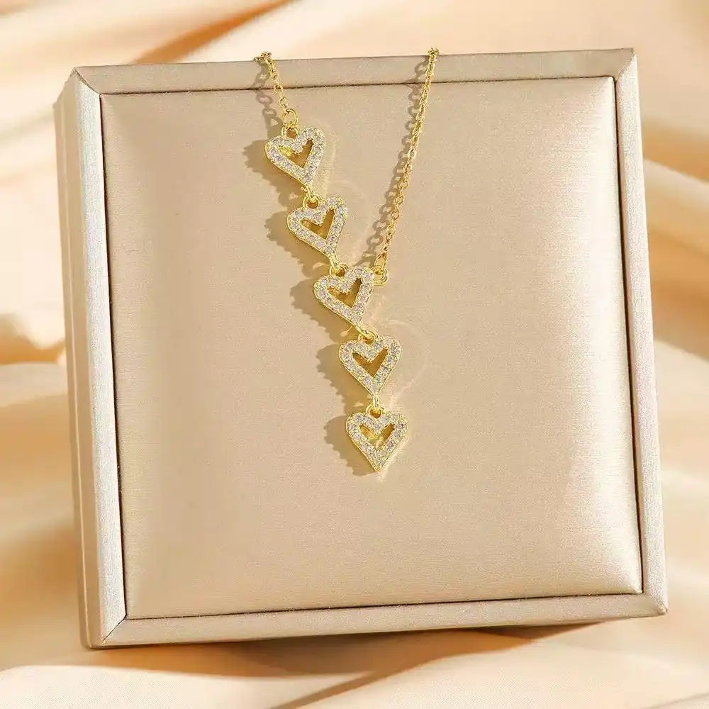 Tassel Heart Crystal Five Hearts Necklace