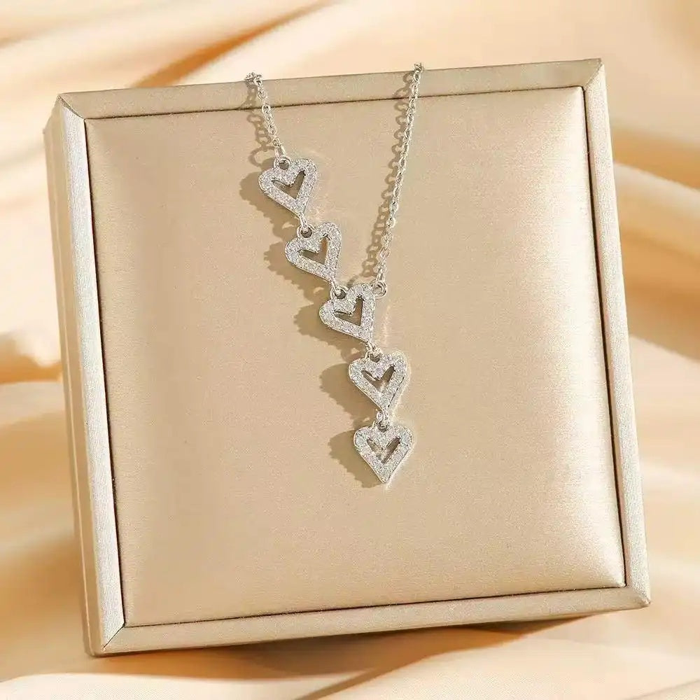 Tassel Heart Crystal Five Hearts Necklace