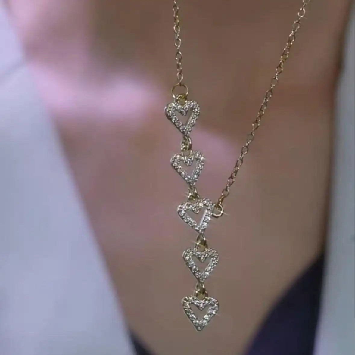 Tassel Heart Crystal Five Hearts Necklace