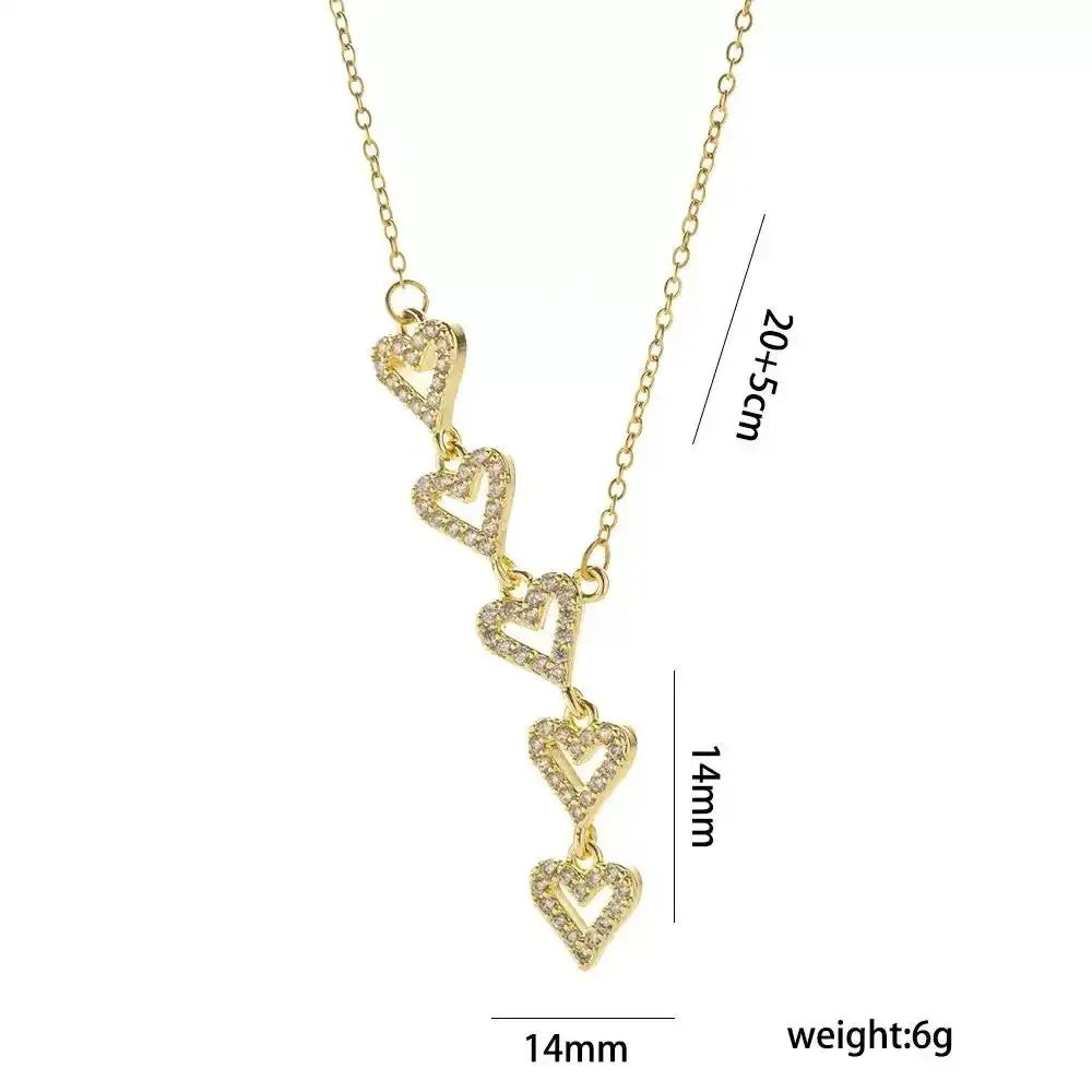 Tassel Heart Crystal Five Hearts Necklace