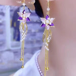 Tassel Purple Flower Long Drop Earrings