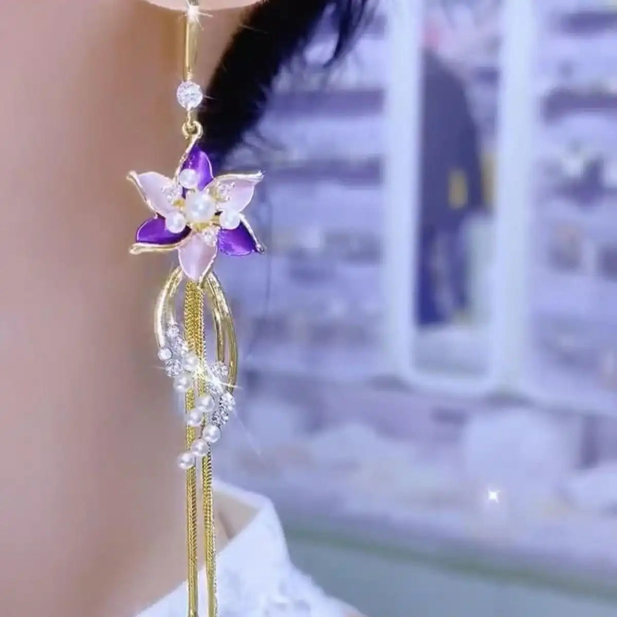 Tassel Purple Flower Long Drop Earrings